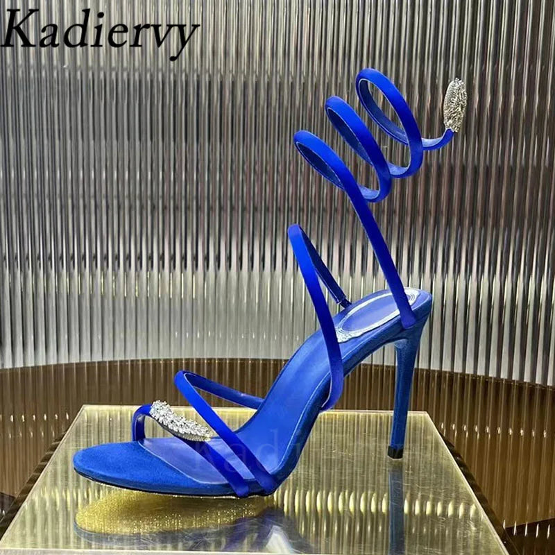 Summer High Heels Sandals Woman Butterfly-knot Rhinestone Snake Twine Around Ankle Strap Wedding Shoes Thin Heels Sandals Women