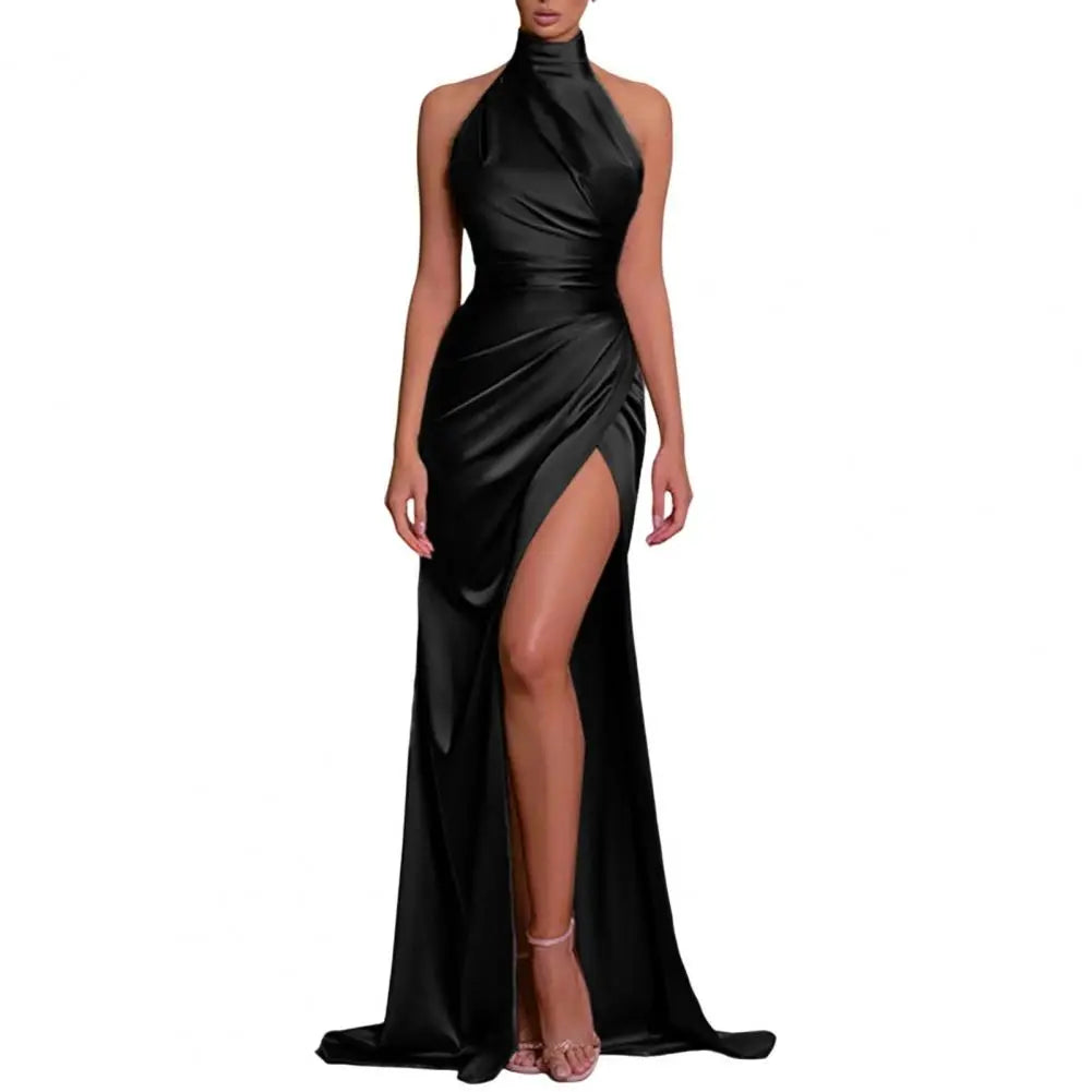 Women Party Dress Elegant Halter Neck Off Shoulder Sleeveless Ball Gown Solid Color Pleated High Slit Floor Length Satin Dress