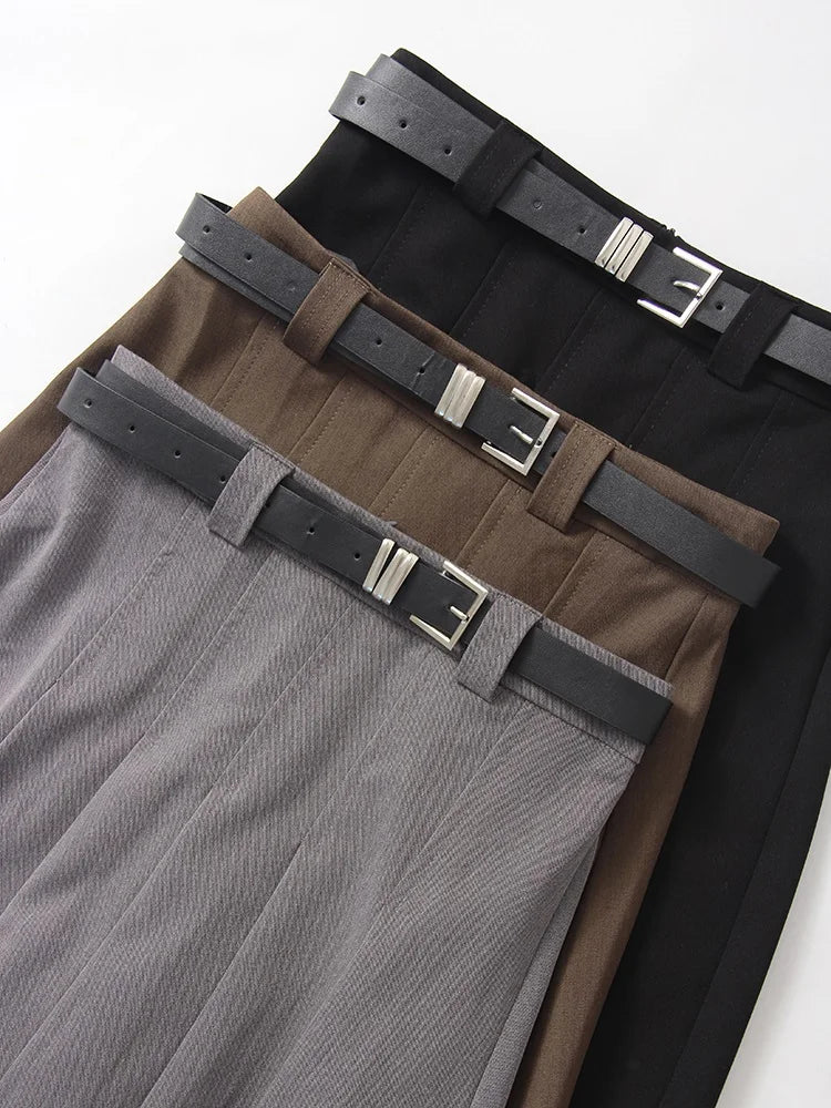 Gray Midi Pleated Skirts For Women Autumn 2024 High Waist A Line Maxi Zipper Skirts For Office Lady Long Skirt Woman Black