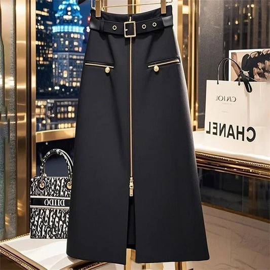 New Fashion Zipper Midi Skirt Women Casual High Waist Solid Color A-Line Vintage Skirts Streetwear Harajuku Y2k Jupe