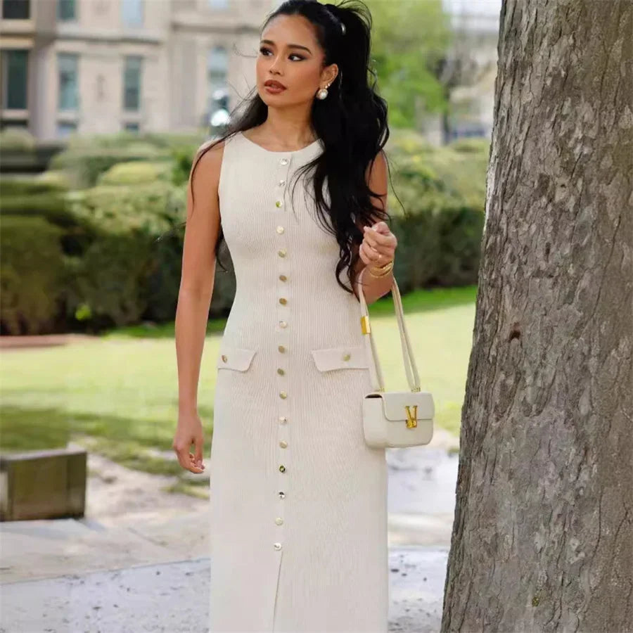 Elegant Knitted Midi Dresses Women's Black White Patchwork Slit Single Breasted Sleeveless Curvy Dress 2025 Summer Street Wear