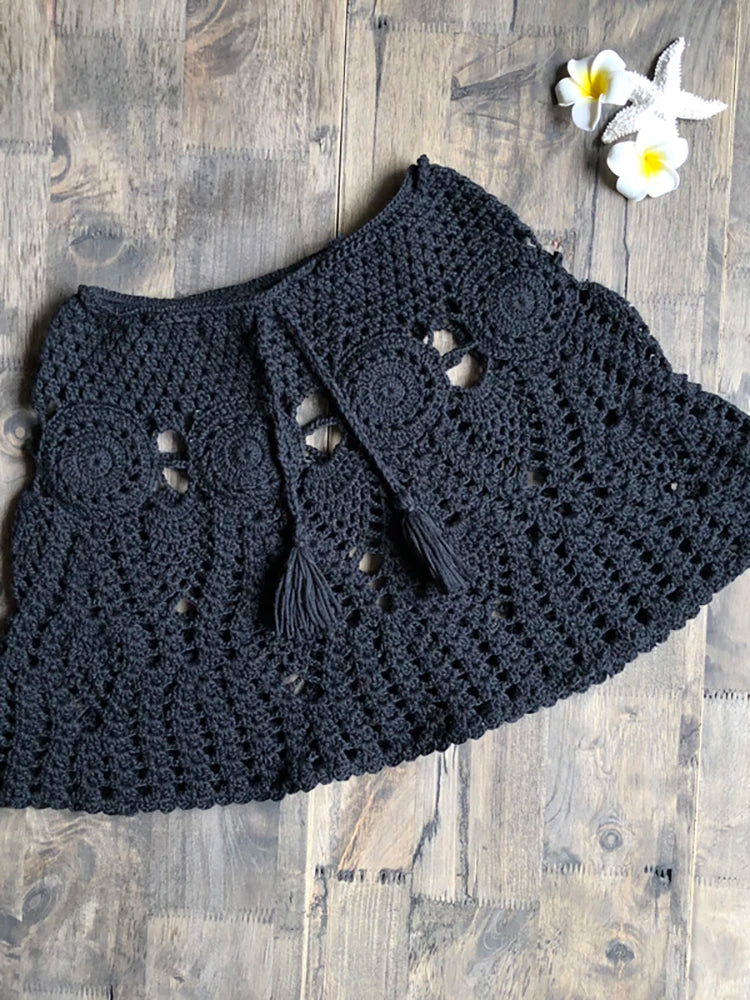 New Sexy Crochet Tassel Beach Skirt Cotton Swimsuit Fused Skirt Casual Beach Running Lace See Through Slim Mini Skirts