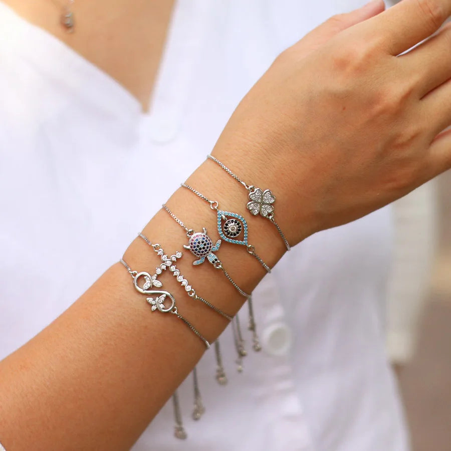 Fashion Gold Silver Color Women Chain Bracelet Adjustable Link Braclet Evil Eyes Butterfly Flower Cross Cuckold Braslet Joias