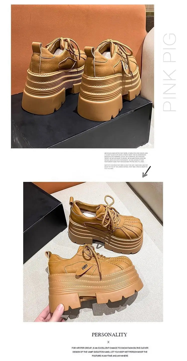 New 2025 Spring Women's Leather Sneakers High Platform Lace-up Casual Shoes Thick Sole 10CM Heels Walking Shoes
