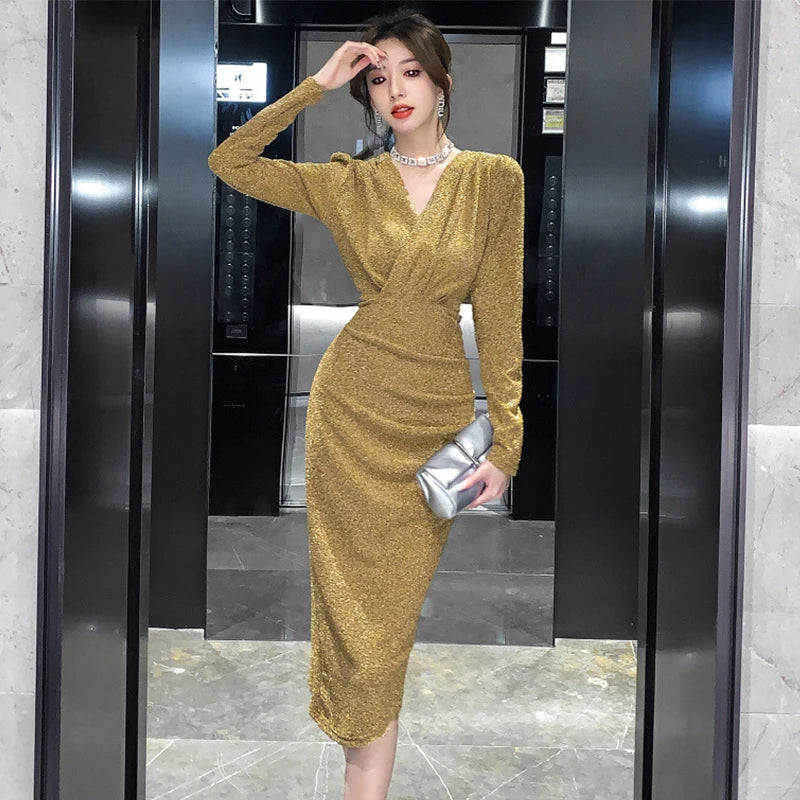 Women Clothes Casual Glitter Shiny Gold V-Neck Folds Slim Asymmetrical Dress Elegant Evening Party Birthday Vestidos Spring New