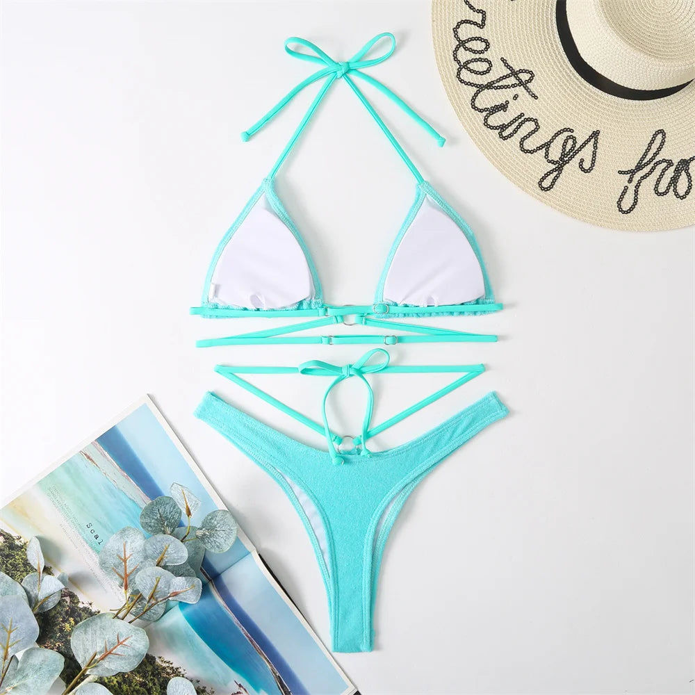 Micro String Extrem Bikini Orange Y2K Triangle Backless Swimsuit Toweling Rings Vacation Swimwear Women Push Up Beach Bath Suits