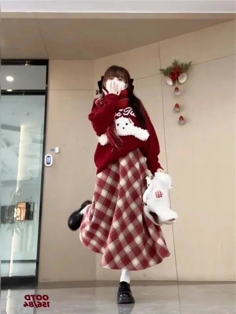 Red Plaid Midi Skirt Women Fall Winter Vintage High Waist Sweet Woolen Cloth Skirts Retro Loose Preppy Aesthetic Female Skirt