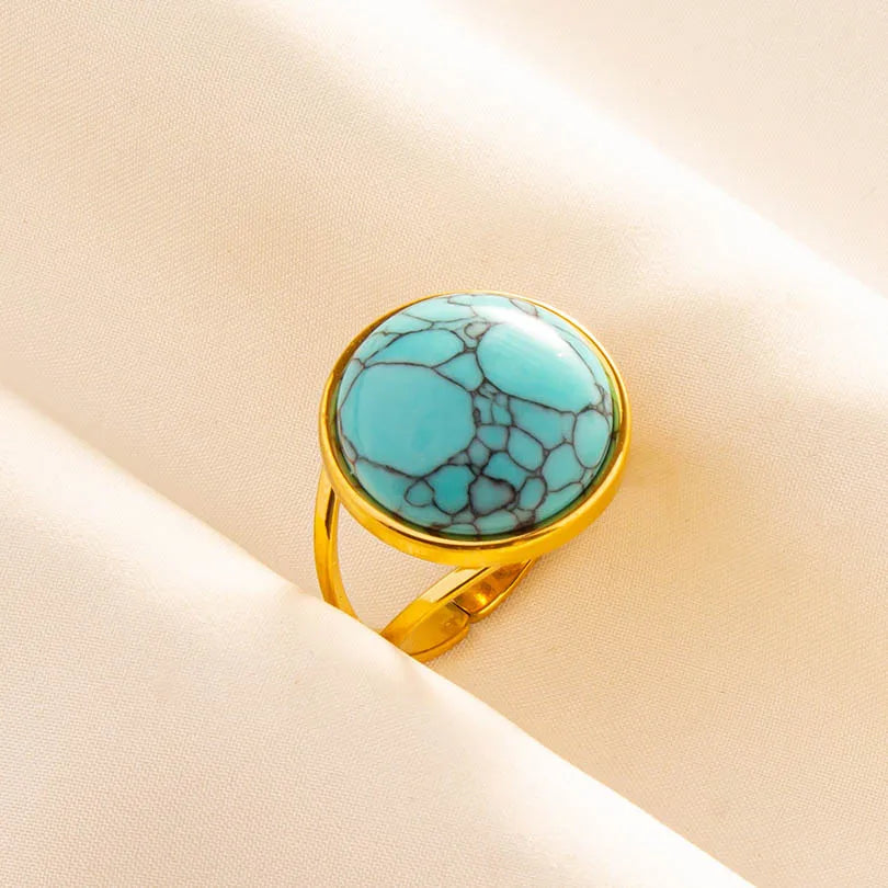 Classic Retro Turquoise Finger Jewelry Stainless Steel Rings For Women Men Accessories Open Adjustable 18k Real Gold Plated Ring