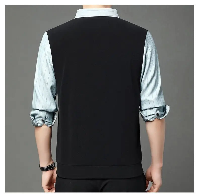 Fake Two Pieces Men Polo Shirts Turn-down Collar Striped Patchwork Business Casual Thermal Long Sleeve Comfortable Knitted Tops