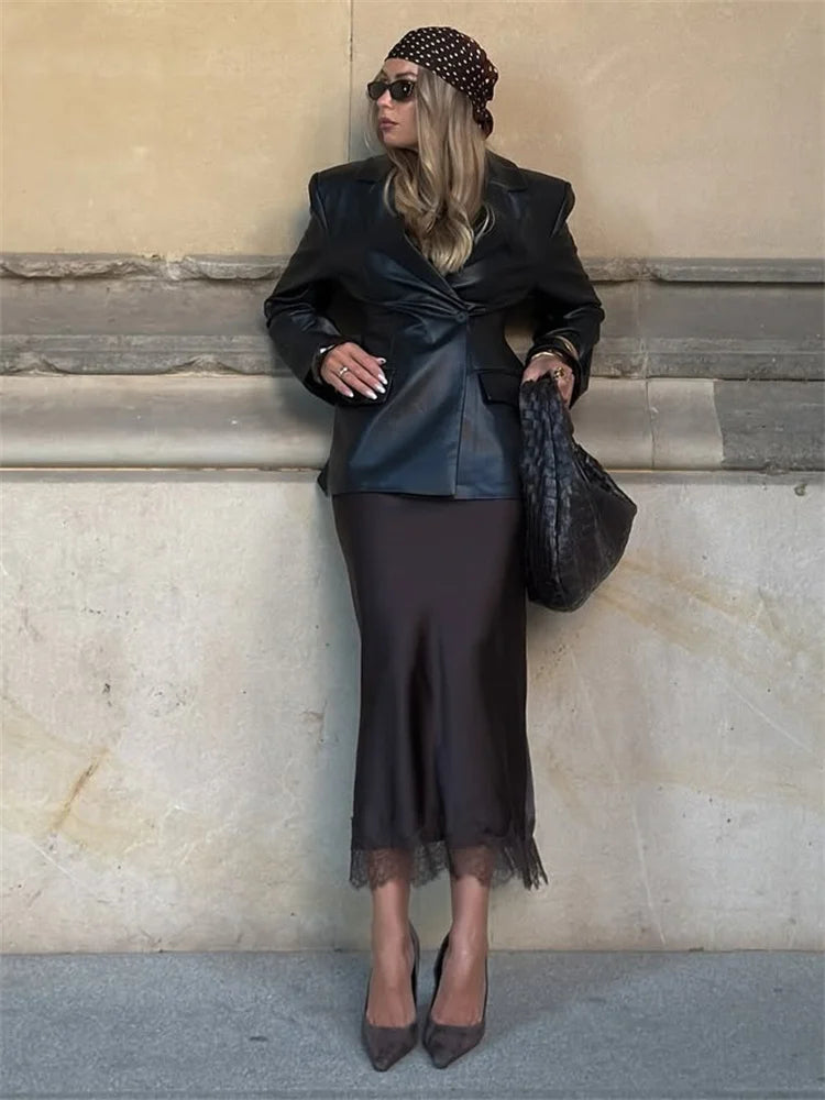 Tossy Fashion Autumn Lace Maxi Skirt For Women High Waist Slim Satin Elegant Commute Party Looks Female Printed Lace Long Skirt