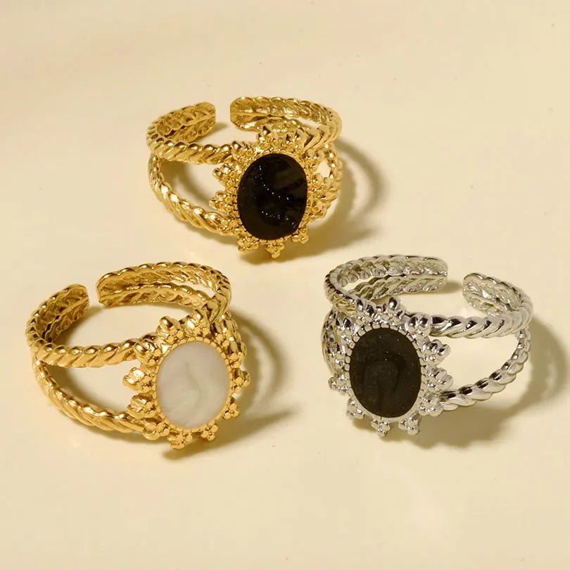 Elegant Ring Enamel Stainless Steel Rings For Women Men Accessories Flower Plant Jewelry Open Adjustable Real Gold Plated Bagues