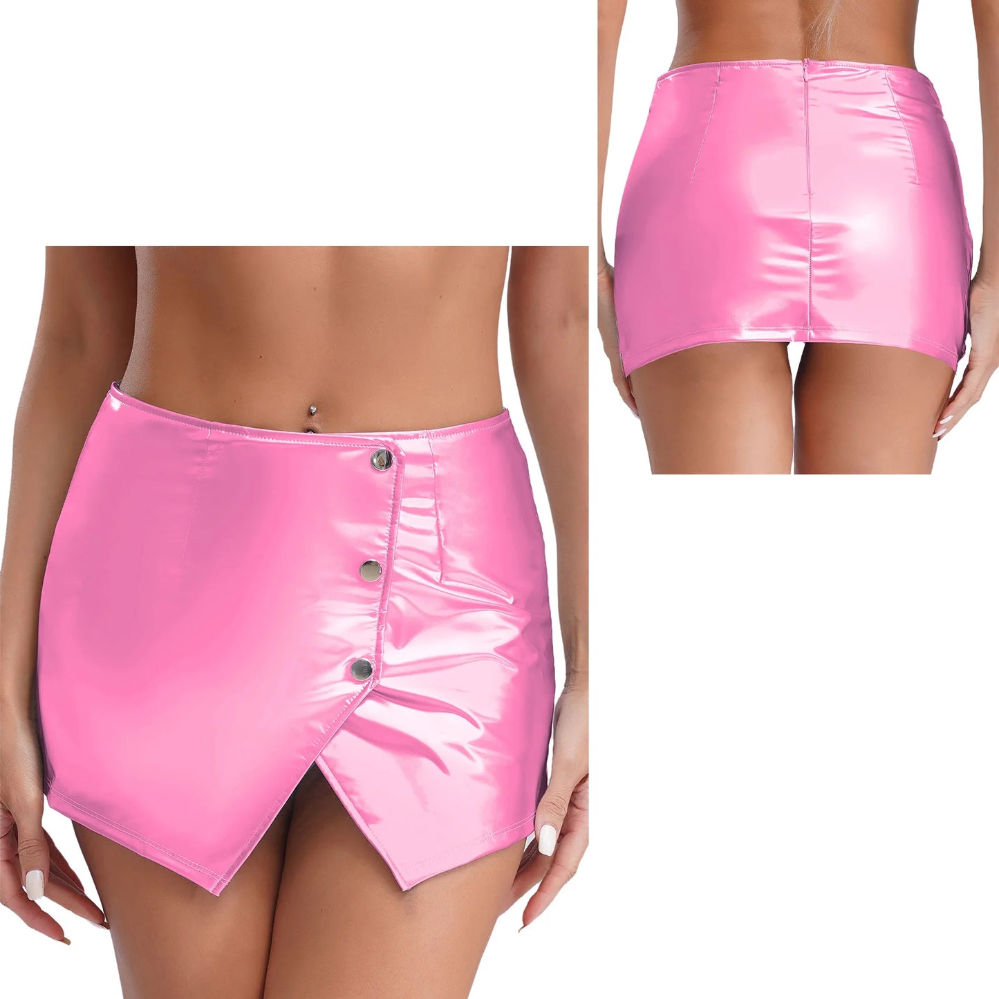 Womens Metallic Sexy Front Split Latex Mini Skirt Shiny Short Skirt Bar Clubwear Holographic Buttons Back Zipper Club Skirts