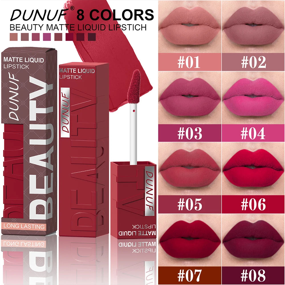 DUNUF  8-color matte velvet smooth easy-to-apply square tube lip gloss waterproof three-dimensional plumping lipstick