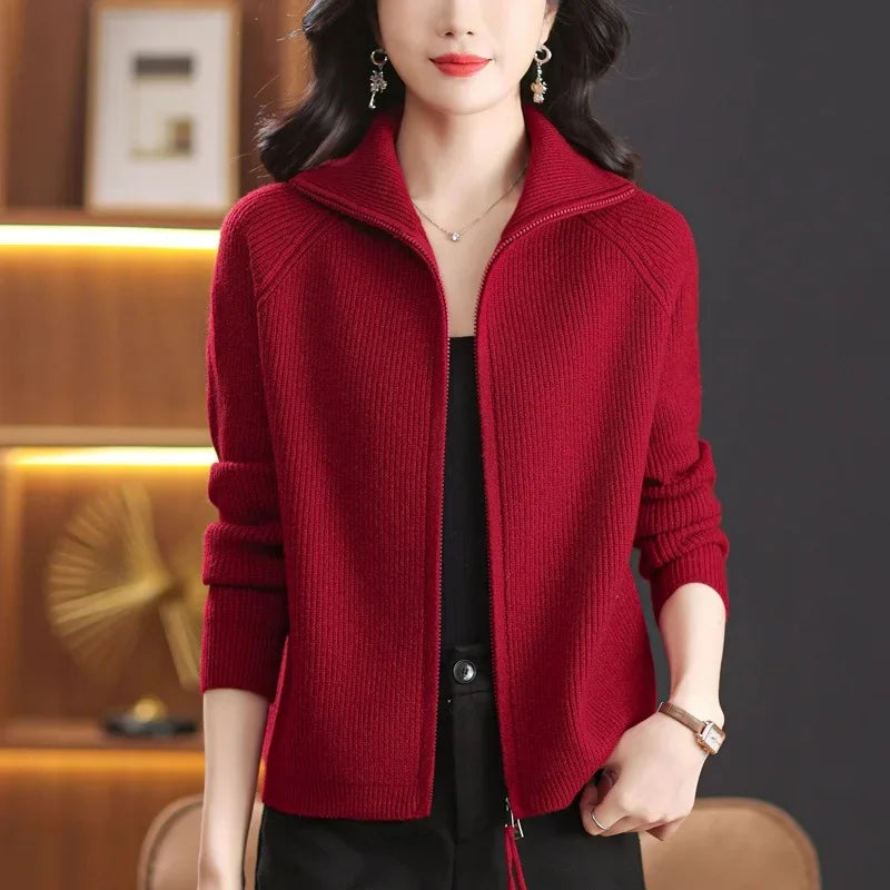 Women's Knitted Open Cardigan Coat Double Zipper Flip Collar Outerwear Fashionable Spring Autumn Winter New Arrival Top