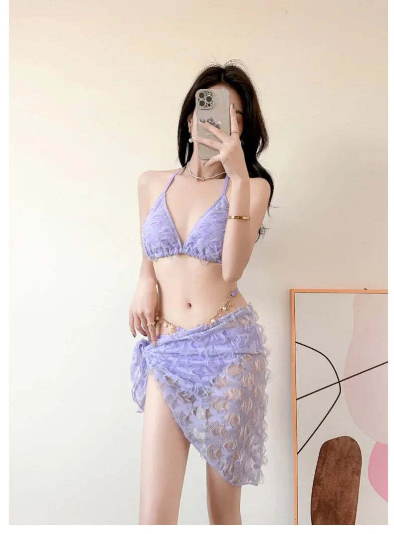 Sexy Slimming Bikini Three-Piece Swimsuit Women's Ins Style Purple Swimwear Show off Your Curves in This Trendy Bikini Set