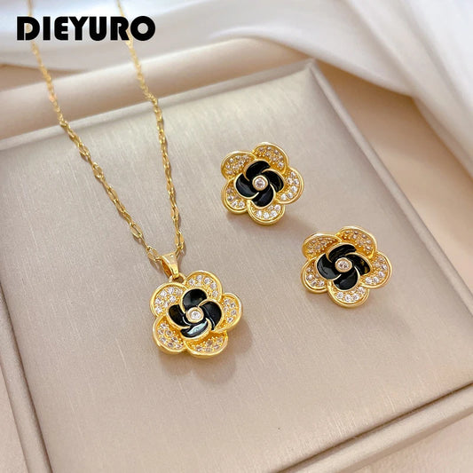 DIEYURO 316L Stainless Steel Lovely Flowers Pendant Necklace Earrings For Women Girl Fashion New Jewelry Set Gift Party Wedding