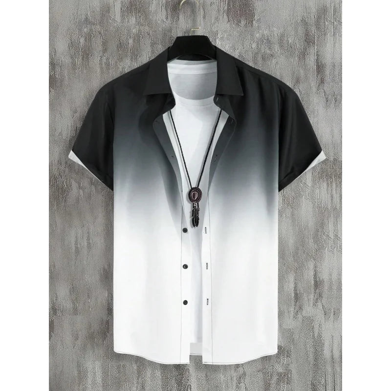Men Shirt Ombre Gradient Short Sleeve Button Down Shirt Casual Lightweight Summer Style