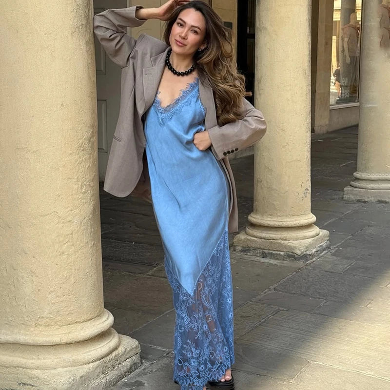 Tornova Sexy Spaghetti Strap Lace Dress For Women Fashion Splice Elegant Backless Long Dress Slim Vacation Party Female Clothes