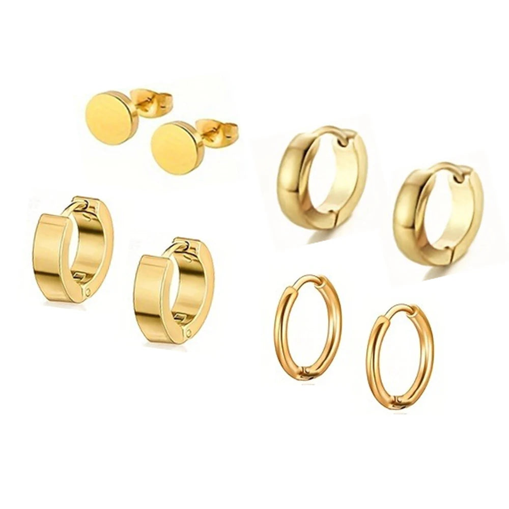 Stylish Men's 4-Pair Earring Set - Black Stainless Steel Studs & Hoops, Durable, Versatile & Allergy-Free