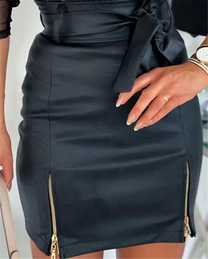 Leather PU Skirts Women Summer High Waist Sexy Strap Zipper High Waist Hip Leather Skirt Zipper Solid Color Sheath Bodycon Skirt