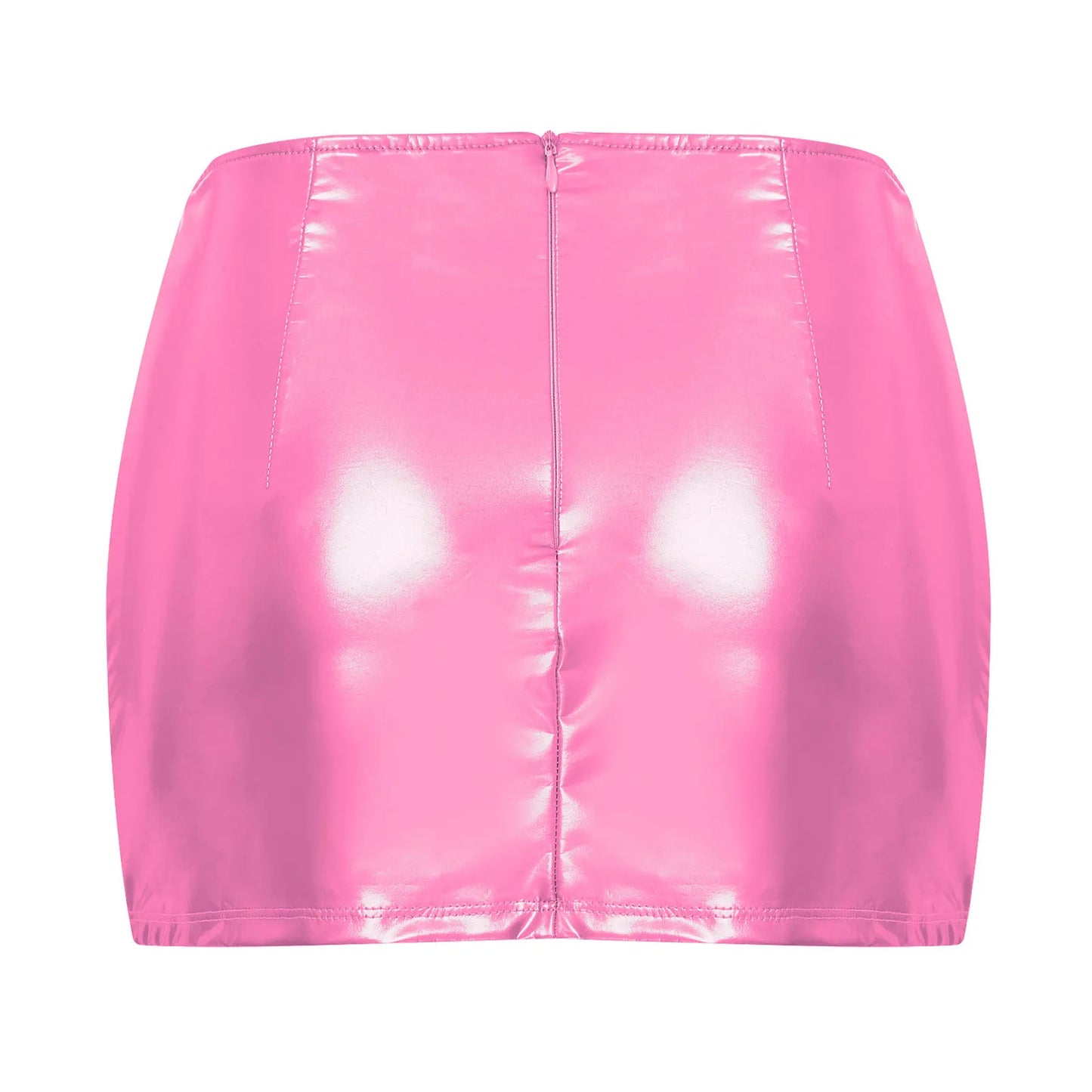 Womens Metallic Sexy Front Split Latex Mini Skirt Shiny Short Skirt Bar Clubwear Holographic Buttons Back Zipper Club Skirts