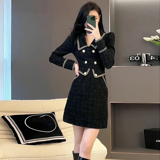 Spring Autumn High End Small Fragrant Elegant Dress Women New French Long Sleeve Fake Two Piece Dress Ladies Tweed Slim Dresses