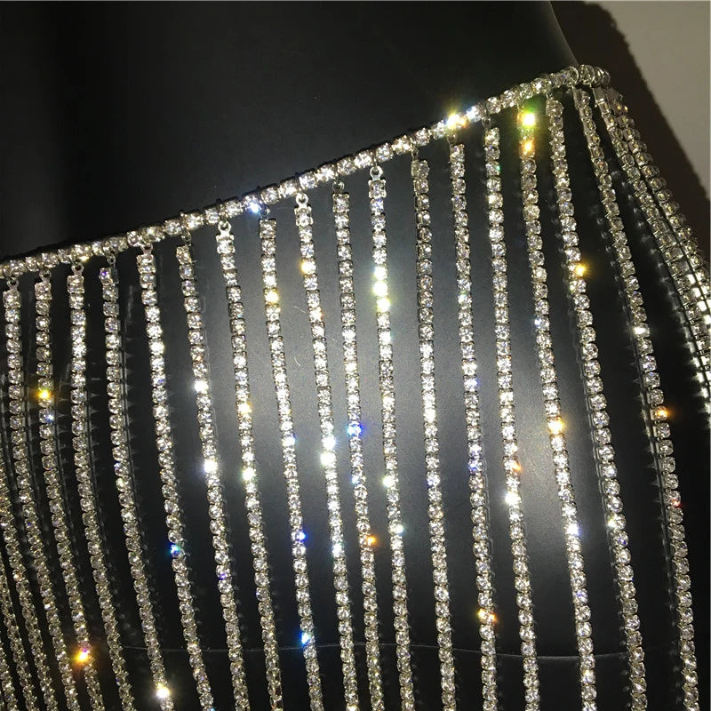 Sparkly Crystal Rhinestone Tassel  Mini Skirt Women Fashion See Through Hollow Out Metal Chain Nightclub Party Beach Outfits