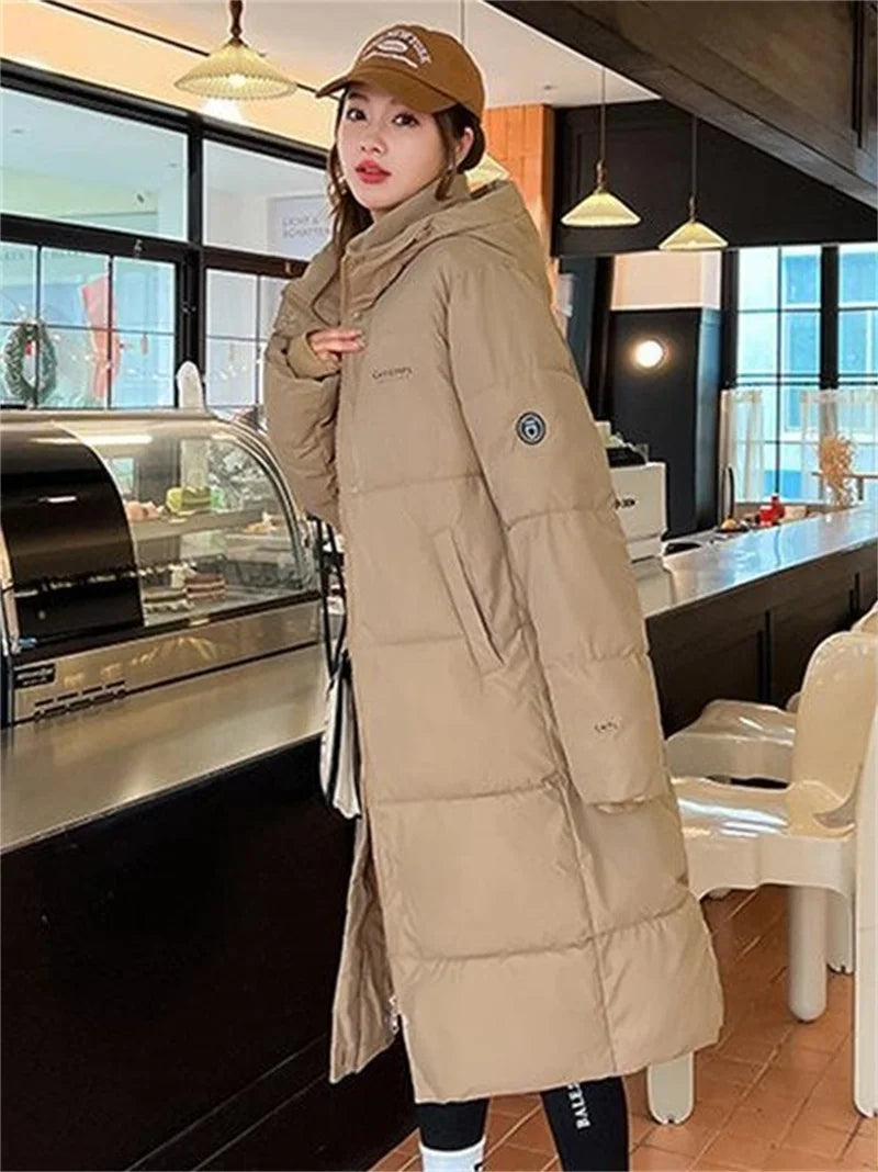2025 Solid Long Down Parka Women with  Hood  Cotton Padded Jacket Winter Overcoat Fashion Thicken Warm Puffer Coat Female