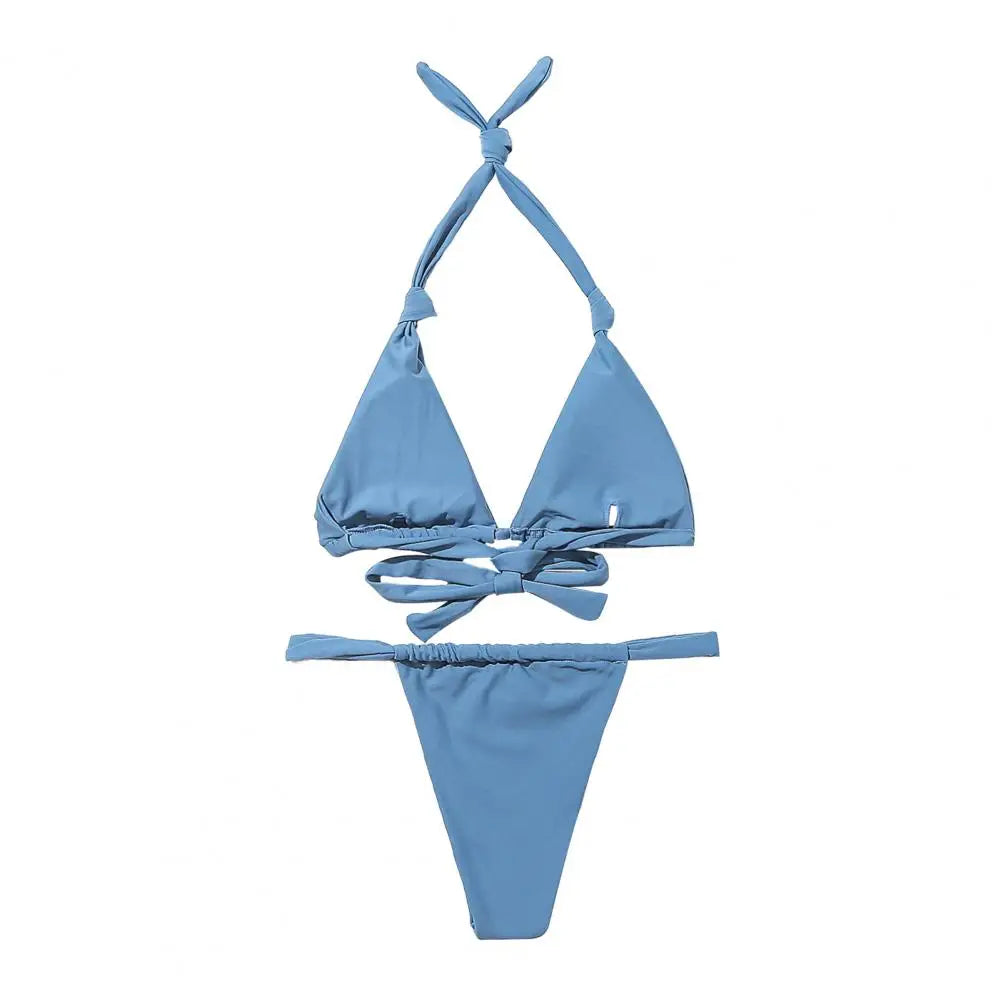 2Pcs/Set Women's Swimsuit 2025 Solid Color Halter Bikini Set With Padded Sexy Split Design Lady Swimwear Woman Clothing