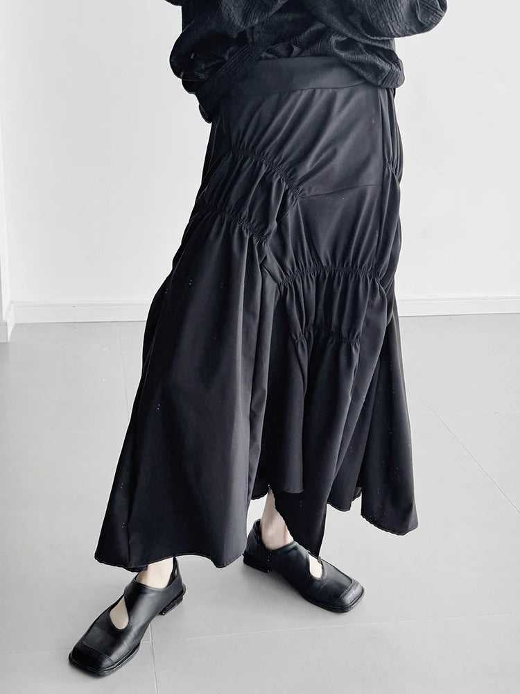 [EAM] High Elastic Waist Black Irregular Pleated Midi Elegant Half-body Skirt Women Fashion Tide New Spring Autumn 2025 1DJ0400