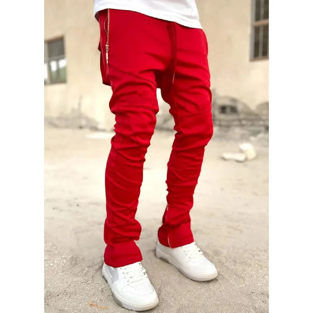 Autumn Men's Footband Solid Color Sports Pants Stretch Slim Cotton Zipper Pocket Draw Rope Fashion Running Casual Sports Pants