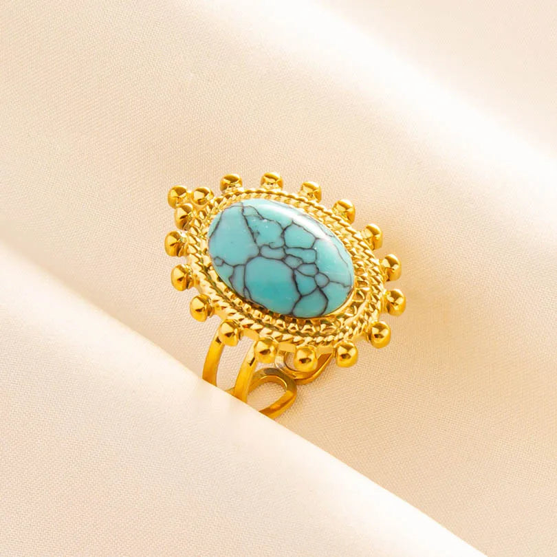 Classic Retro Turquoise Finger Jewelry Stainless Steel Rings For Women Men Accessories Open Adjustable 18k Real Gold Plated Ring