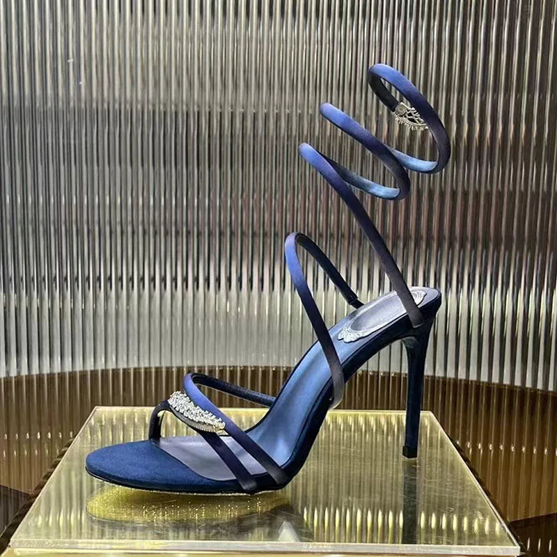 Summer High Heels Sandals Woman Butterfly-knot Rhinestone Snake Twine Around Ankle Strap Wedding Shoes Thin Heels Sandals Women