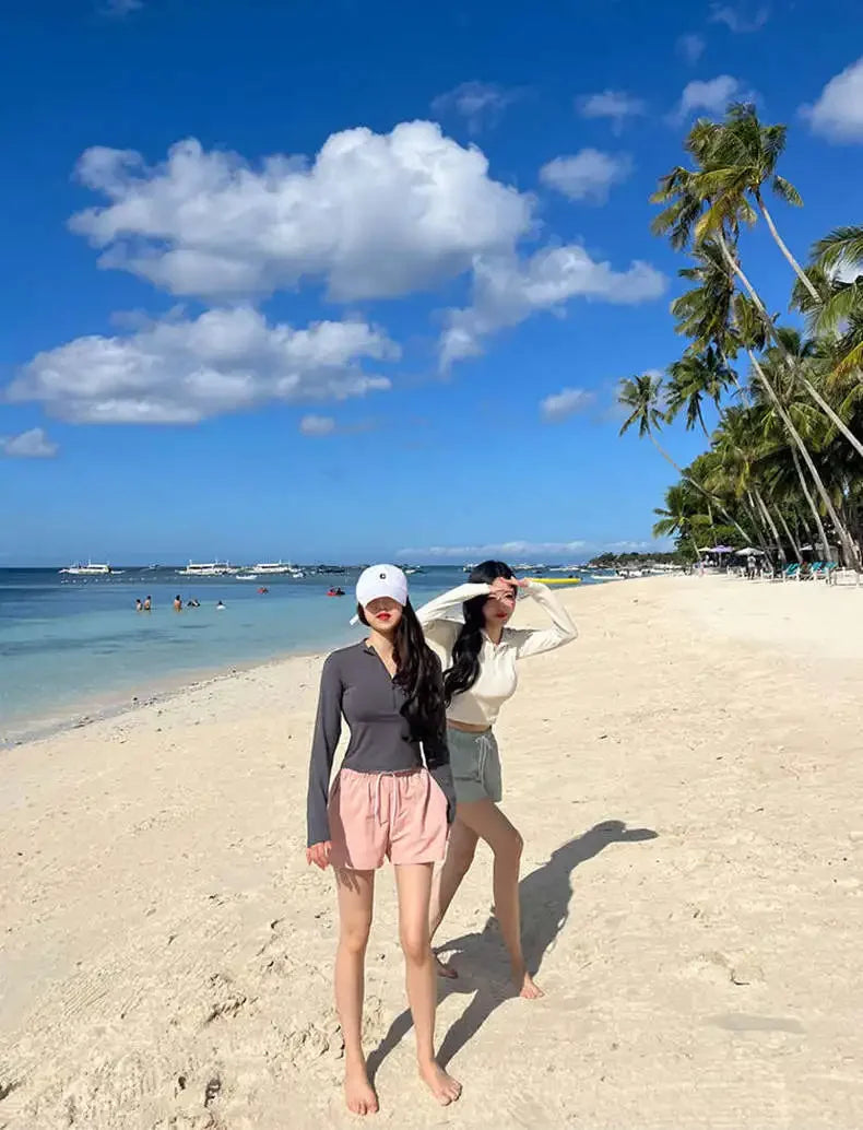 Fashionable Korean Dongdaemun Long Sleeve Women's Swimsuit Casual Beach Vacation Two Piece Conservative Student Bikini Set