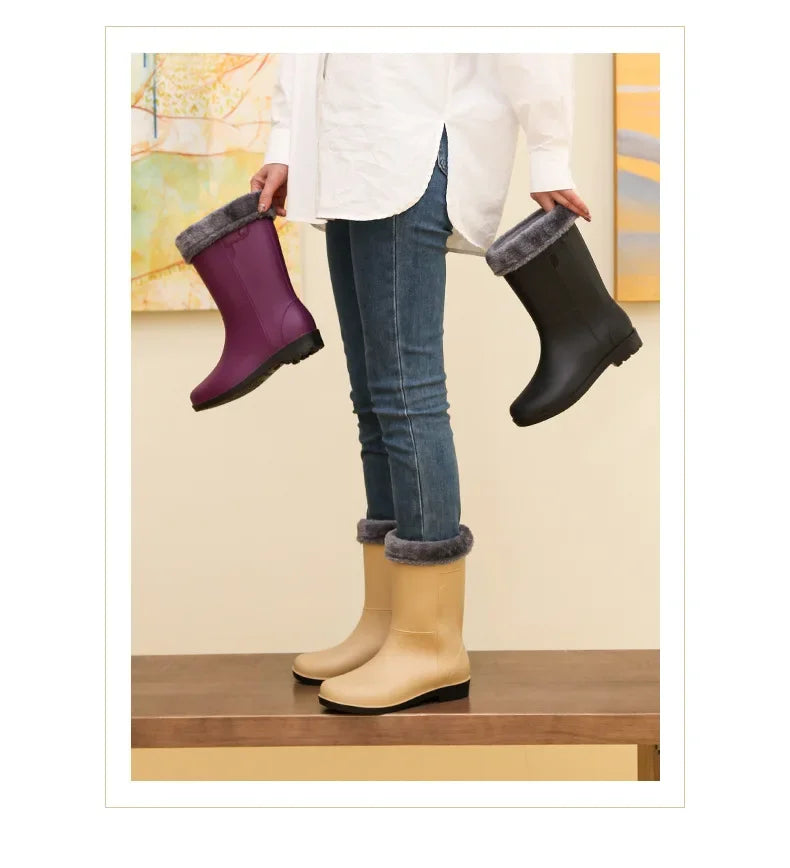 Fashionable Women's Mid-Calf Rain Boots Fleece Lined Anti-Slip Half Boots Adult Rain Shoes Wholesale From China Land