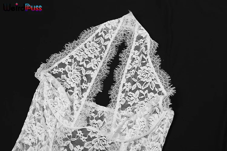 Weird Puss Lace Sexy Halter Dress Party Women Chic Backless Sleeveless Hollow Wedding Dinner Summer Vacation Bodycon Vestidos