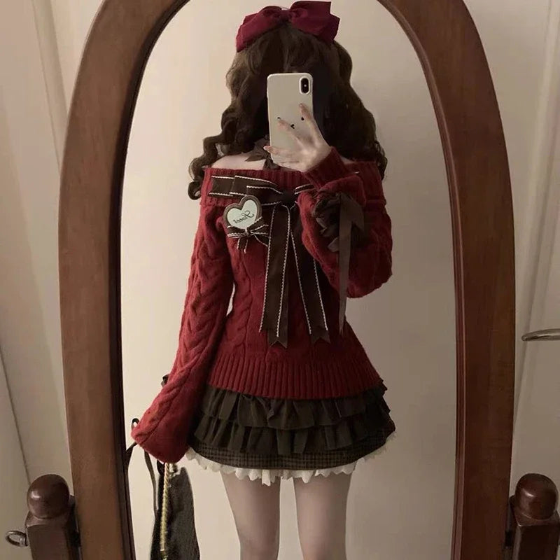 Japanese Sweet Lolita Mini knitting Skirts Women Y2K Harajuku Lace Patchwork Bow Cake Skirt High Waist Fashion A Line Skirts