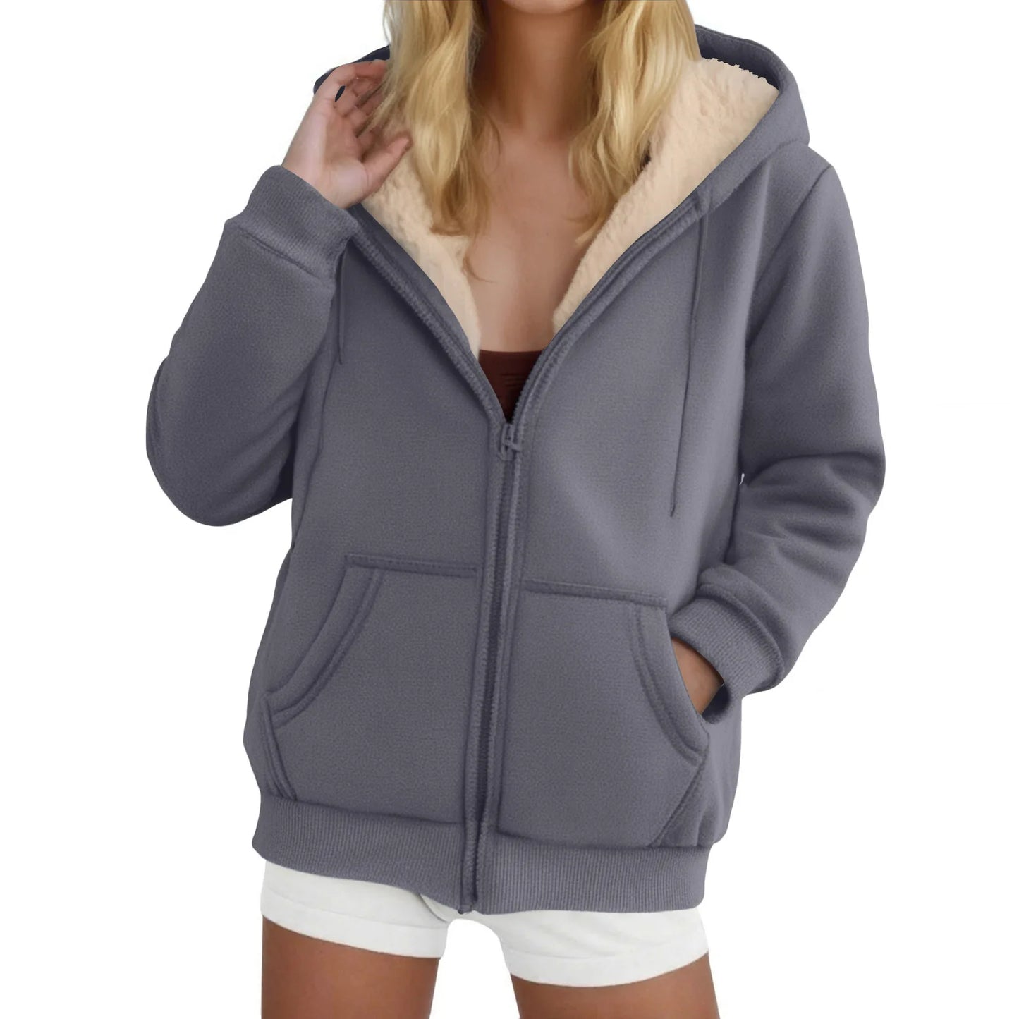 Women's Fleece-Lined Thickened Hooded Sweatshirt Solid Color Autumn Winter Thick Warm Hoodies Zipper Up Pocket Loose Jackets