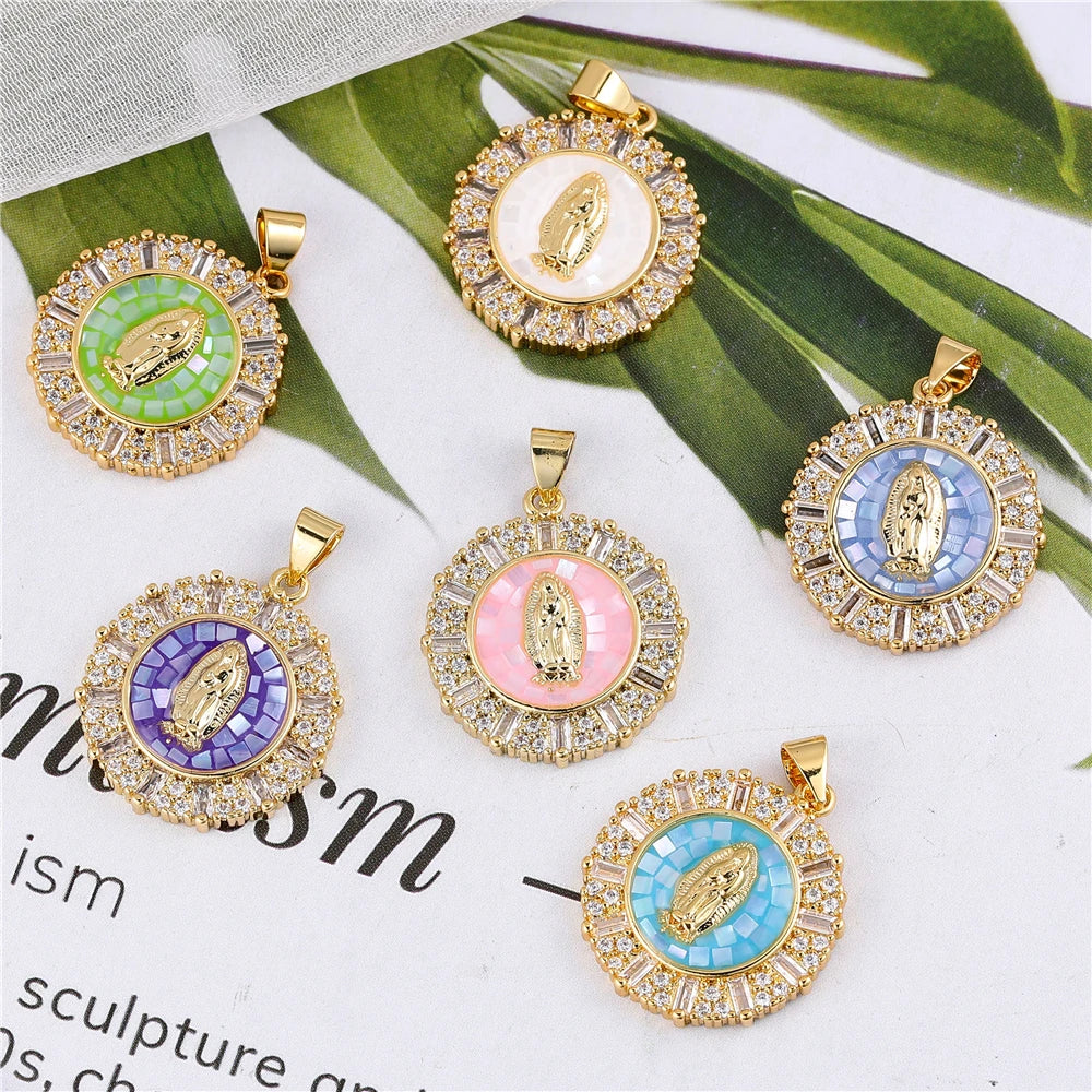 Juya 18K Real Gold Plated Religious Pendant Jewelry Making Supplies Creative Saint Mary Virgin Christian Cross Charms Supplies