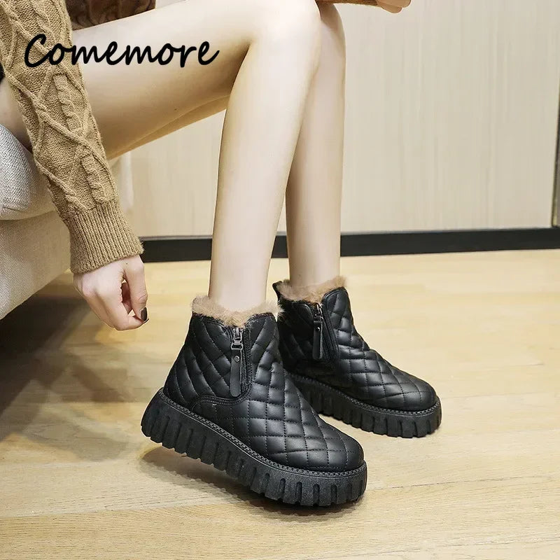 Women's Boots 2024 Winter Plush Cotton Boots Warm Platform Comfort Cold Proof Shoes Zipper Height Increase Anti Slip Snow Boots