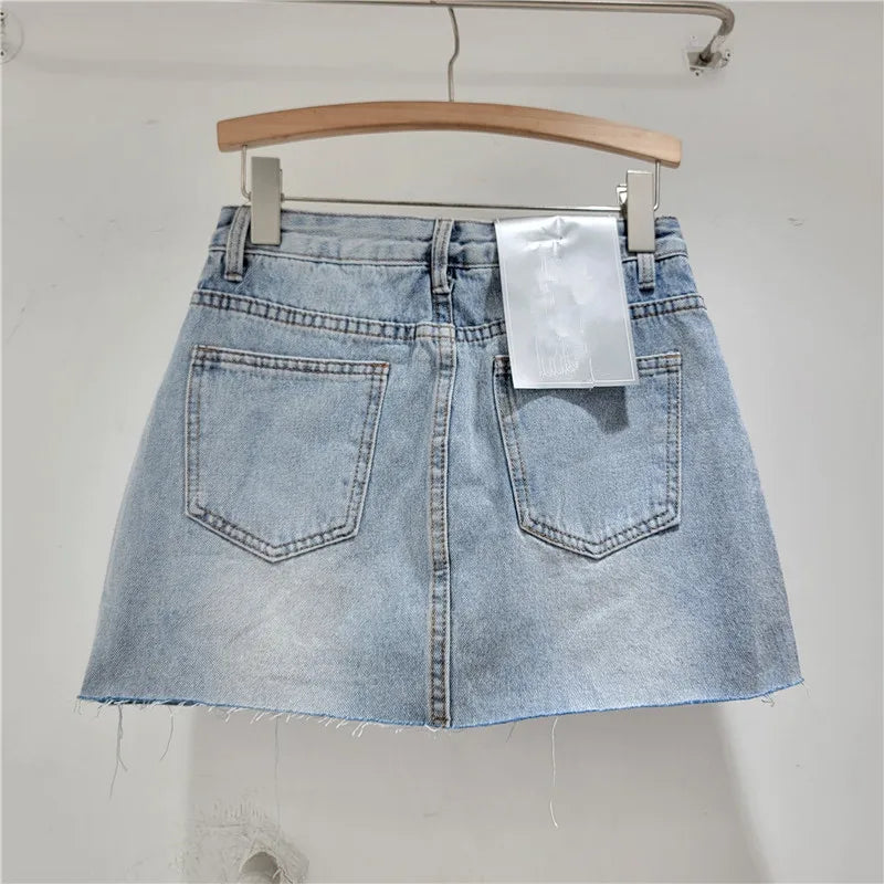 Summer new high waisted A-line sequins raw edges denim skirt for women