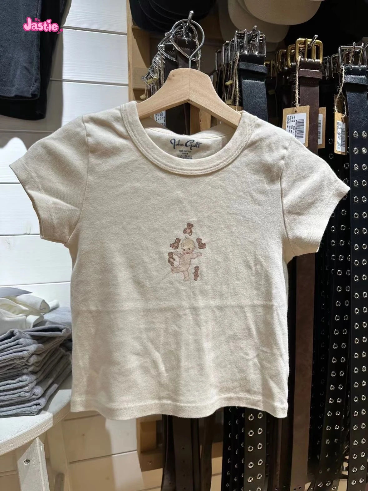 Cartoon Print Beige T-shirts Women 2024 Summer Streetwear Round Neck Short Sleeve T Shirt Female Vintage Chic Y2k Crop Top