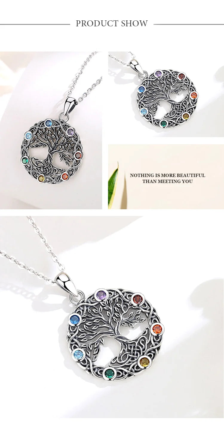 Eudora Original 925 Sterling Silver Tree of Life Necklace for Women Man 7 Color Chakra Pendant Tree Jewelry Mom Grandma Gifts