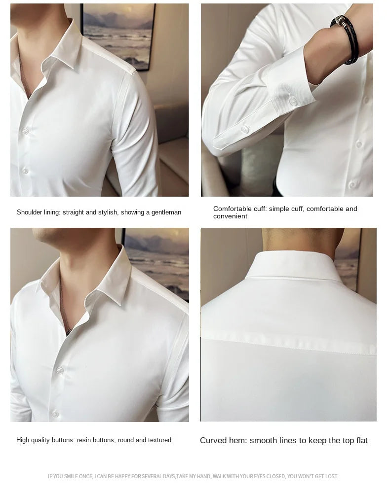Seamless silk business casual shirt, long sleeved white non ironing elastic silk sliding cross shirt, men's formal wear