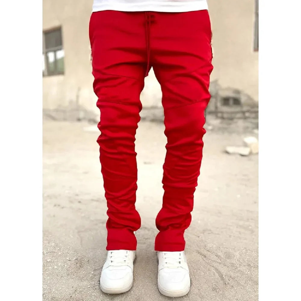 Autumn Men's Footband Solid Color Sports Pants Stretch Slim Cotton Zipper Pocket Draw Rope Fashion Running Casual Sports Pants