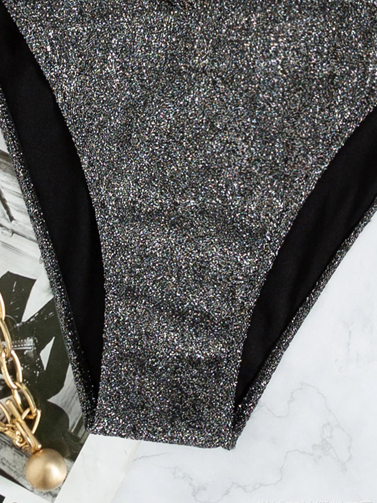 Circyy Bathing Suit Women Backless Lace Up Split Swimsuit Low Cut Sexy Beachwear Luxury Shiny Grey Bikini Set Summer 2025 New