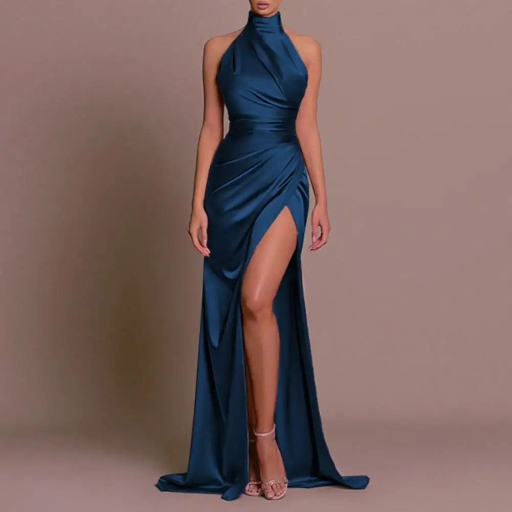 Women Party Dress Elegant Halter Neck Off Shoulder Sleeveless Ball Gown Solid Color Pleated High Slit Floor Length Satin Dress