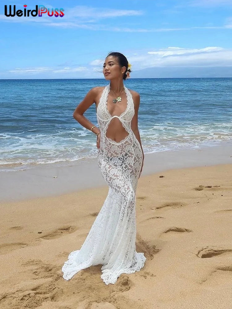 Weird Puss Lace Sexy Halter Dress Party Women Chic Backless Sleeveless Hollow Wedding Dinner Summer Vacation Bodycon Vestidos