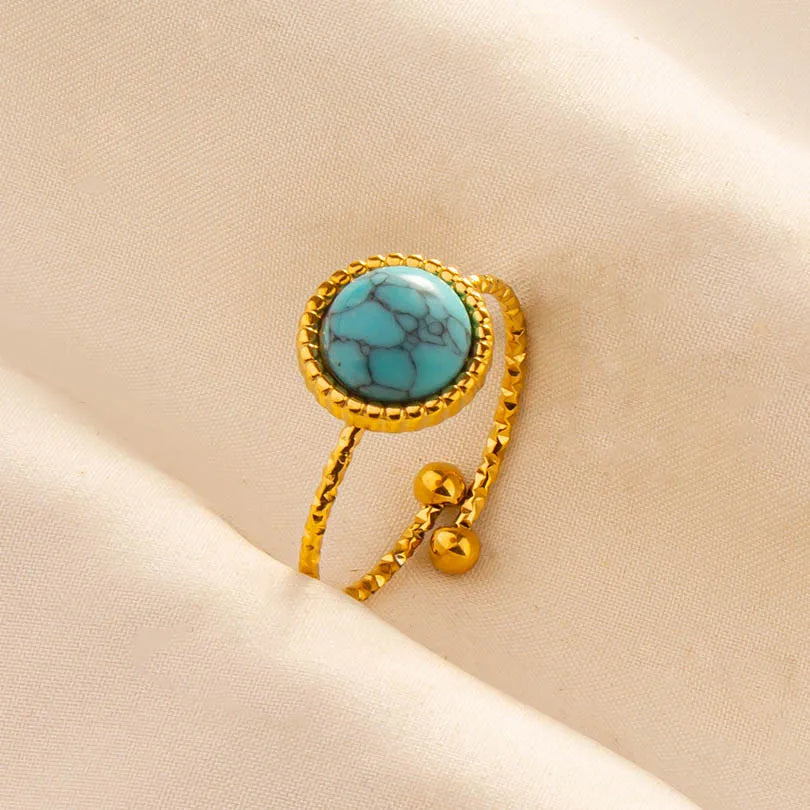 Classic Retro Turquoise Finger Jewelry Stainless Steel Rings For Women Men Accessories Open Adjustable 18k Real Gold Plated Ring