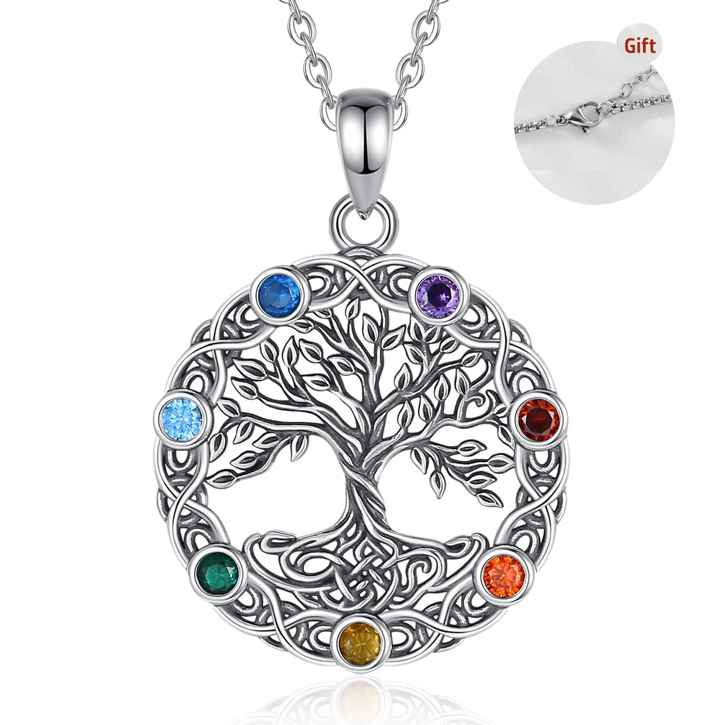 Eudora Original 925 Sterling Silver Tree of Life Necklace for Women Man 7 Color Chakra Pendant Tree Jewelry Mom Grandma Gifts